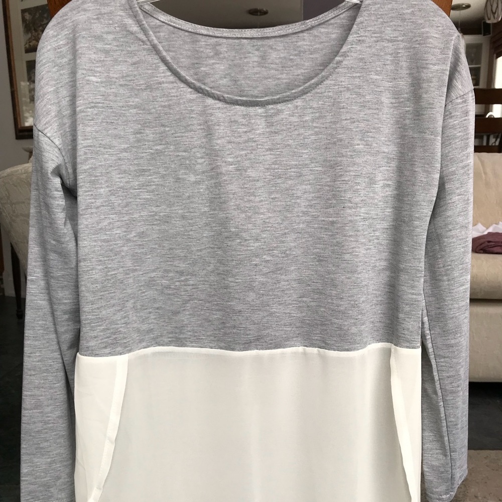 Gray and White Long Sleeve Top